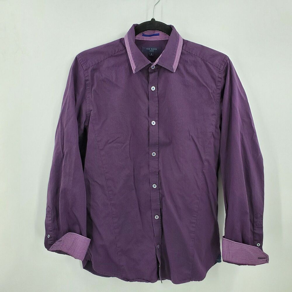 Ted Baker London Button Up Shirt Blouse Purple Stripe Cuffs Shirt Sz 2 US Small